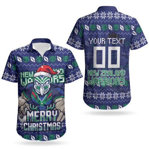 Personalized New Zealand Warriors Christmas Couples Matching Off The Shoulder Long Sleeve Dress and Hawaiian Shirt Maori Rugby Fans - Pixelated Ugly Xmas Pattern Mascot Santa