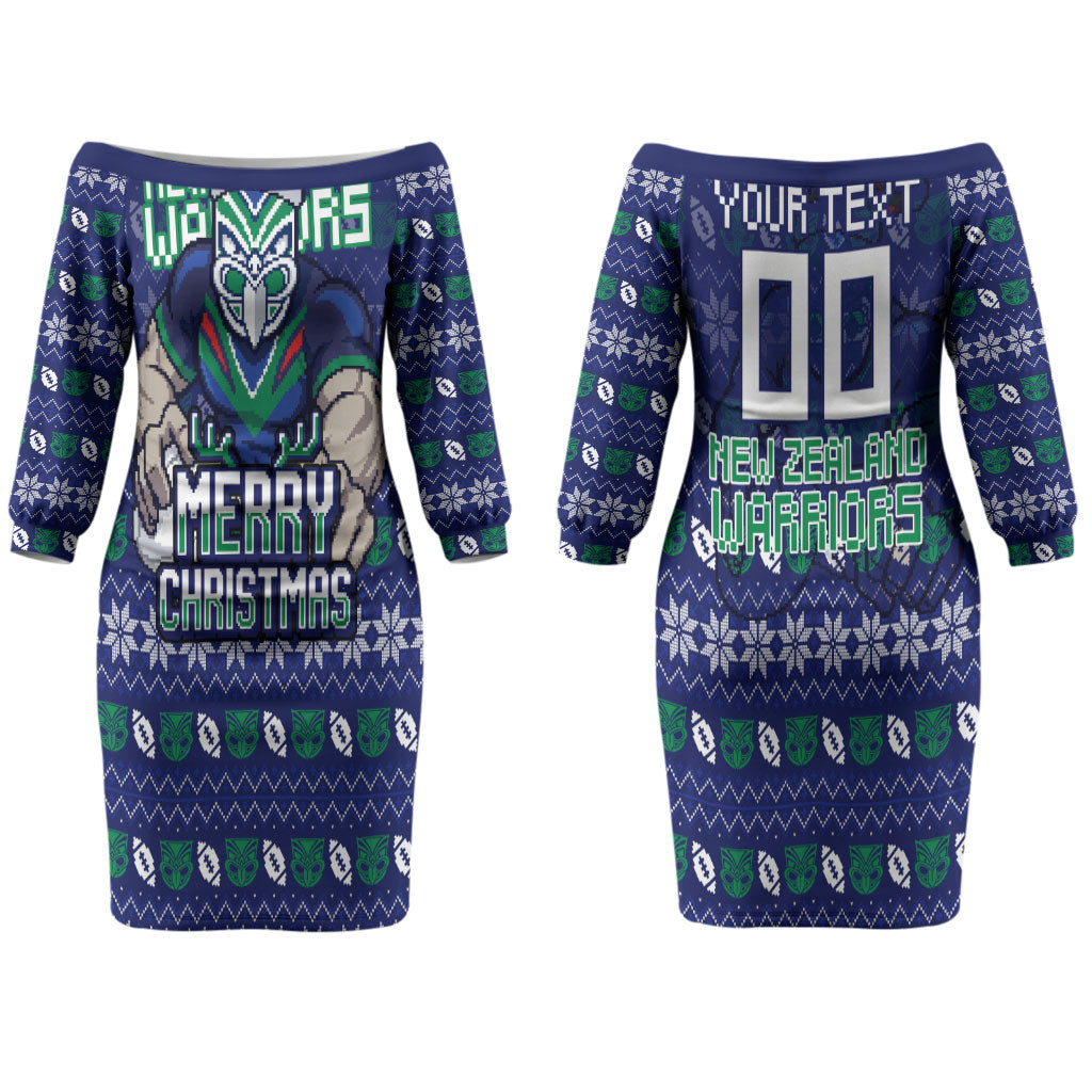 Personalized New Zealand Warriors Christmas Couples Matching Off The Shoulder Long Sleeve Dress and Hawaiian Shirt Maori Rugby Fans - Pixelated Ugly Xmas Pattern Mascot Santa