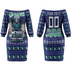 Personalized New Zealand Warriors Christmas Couples Matching Off The Shoulder Long Sleeve Dress and Hawaiian Shirt Maori Rugby Fans - Pixelated Ugly Xmas Pattern Mascot Santa