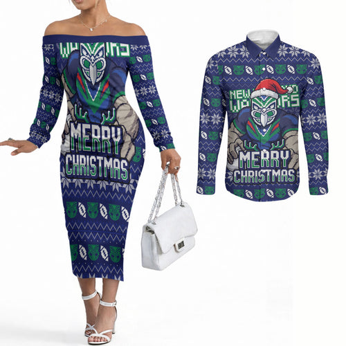 Personalized New Zealand Warriors Christmas Couples Matching Off The Shoulder Long Sleeve Dress and Long Sleeve Button Shirt Maori Rugby Fans - Pixelated Ugly Xmas Pattern Mascot Santa