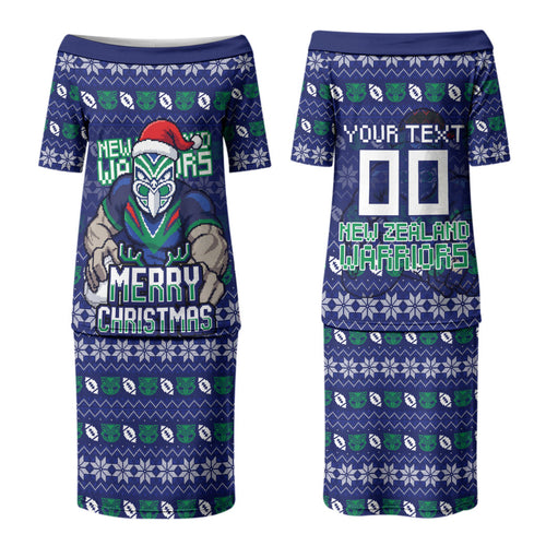 Personalized New Zealand Warriors Christmas Couples Matching Puletasi and Hawaiian Shirt Maori Rugby Fans - Pixelated Ugly Xmas Pattern Mascot Santa