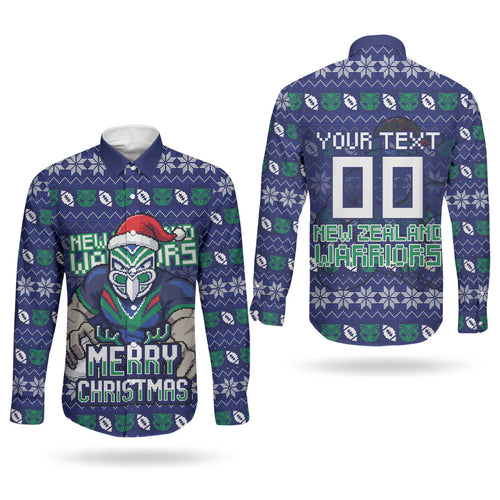 Personalized New Zealand Warriors Christmas Couples Matching Puletasi and Long Sleeve Button Shirt Maori Rugby Fans - Pixelated Ugly Xmas Pattern Mascot Santa