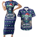 Personalized New Zealand Warriors Christmas Couples Matching Short Sleeve Bodycon Dress and Hawaiian Shirt Maori Rugby Fans - Pixelated Ugly Xmas Pattern Mascot Santa