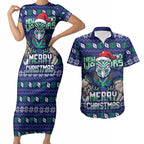 Personalized New Zealand Warriors Christmas Couples Matching Short Sleeve Bodycon Dress and Hawaiian Shirt Maori Rugby Fans - Pixelated Ugly Xmas Pattern Mascot Santa