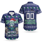 Personalized New Zealand Warriors Christmas Couples Matching Short Sleeve Bodycon Dress and Hawaiian Shirt Maori Rugby Fans - Pixelated Ugly Xmas Pattern Mascot Santa