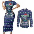 Personalized New Zealand Warriors Christmas Couples Matching Short Sleeve Bodycon Dress and Long Sleeve Button Shirt Maori Rugby Fans - Pixelated Ugly Xmas Pattern Mascot Santa