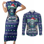 Personalized New Zealand Warriors Christmas Couples Matching Short Sleeve Bodycon Dress and Long Sleeve Button Shirt Maori Rugby Fans - Pixelated Ugly Xmas Pattern Mascot Santa
