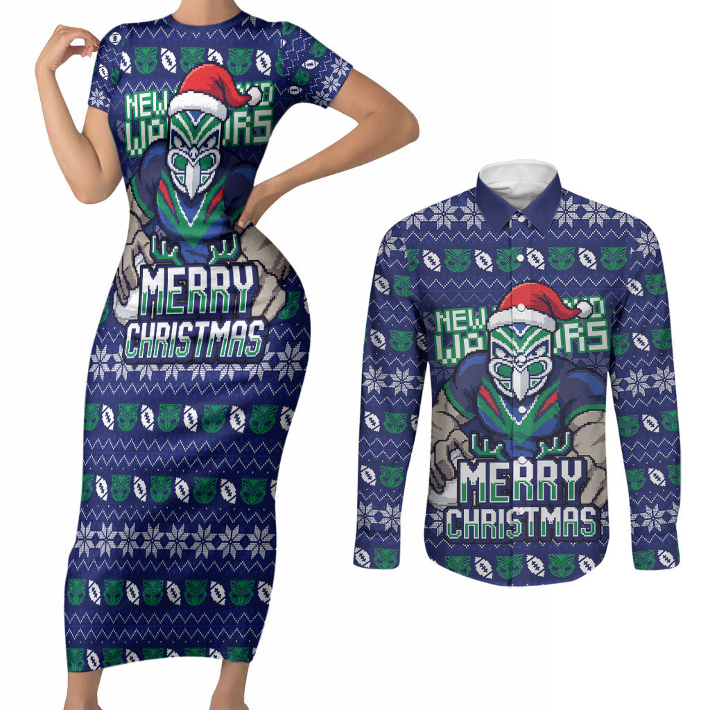 Personalized New Zealand Warriors Christmas Couples Matching Short Sleeve Bodycon Dress and Long Sleeve Button Shirt Maori Rugby Fans - Pixelated Ugly Xmas Pattern Mascot Santa