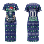Personalized New Zealand Warriors Christmas Couples Matching Short Sleeve Bodycon Dress and Long Sleeve Button Shirt Maori Rugby Fans - Pixelated Ugly Xmas Pattern Mascot Santa