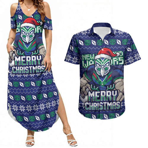 Personalized New Zealand Warriors Christmas Couples Matching Summer Maxi Dress and Hawaiian Shirt Maori Rugby Fans - Pixelated Ugly Xmas Pattern Mascot Santa