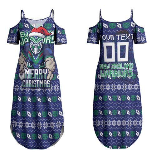 Personalized New Zealand Warriors Christmas Couples Matching Summer Maxi Dress and Hawaiian Shirt Maori Rugby Fans - Pixelated Ugly Xmas Pattern Mascot Santa