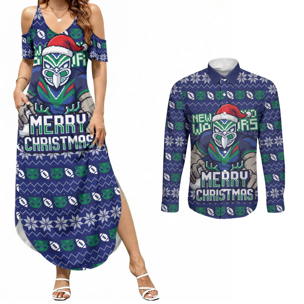 Personalized New Zealand Warriors Christmas Couples Matching Summer Maxi Dress and Long Sleeve Button Shirt Maori Rugby Fans - Pixelated Ugly Xmas Pattern Mascot Santa