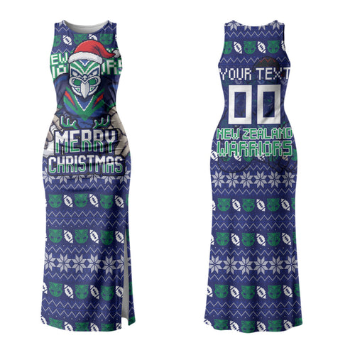 Personalized New Zealand Warriors Christmas Couples Matching Tank Maxi Dress and Long Sleeve Button Shirt Maori Rugby Fans - Pixelated Ugly Xmas Pattern Mascot Santa