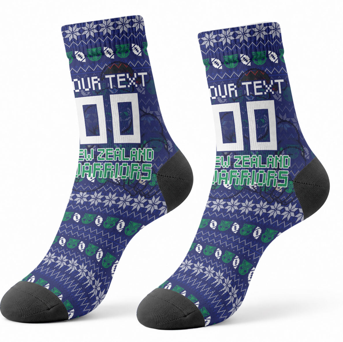 Personalized New Zealand Warriors Christmas Crew Socks Maori Rugby Fans - Pixelated Ugly Xmas Pattern Mascot Santa