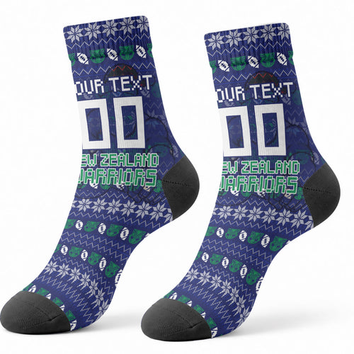 Personalized New Zealand Warriors Christmas Crew Socks Maori Rugby Fans - Pixelated Ugly Xmas Pattern Mascot Santa