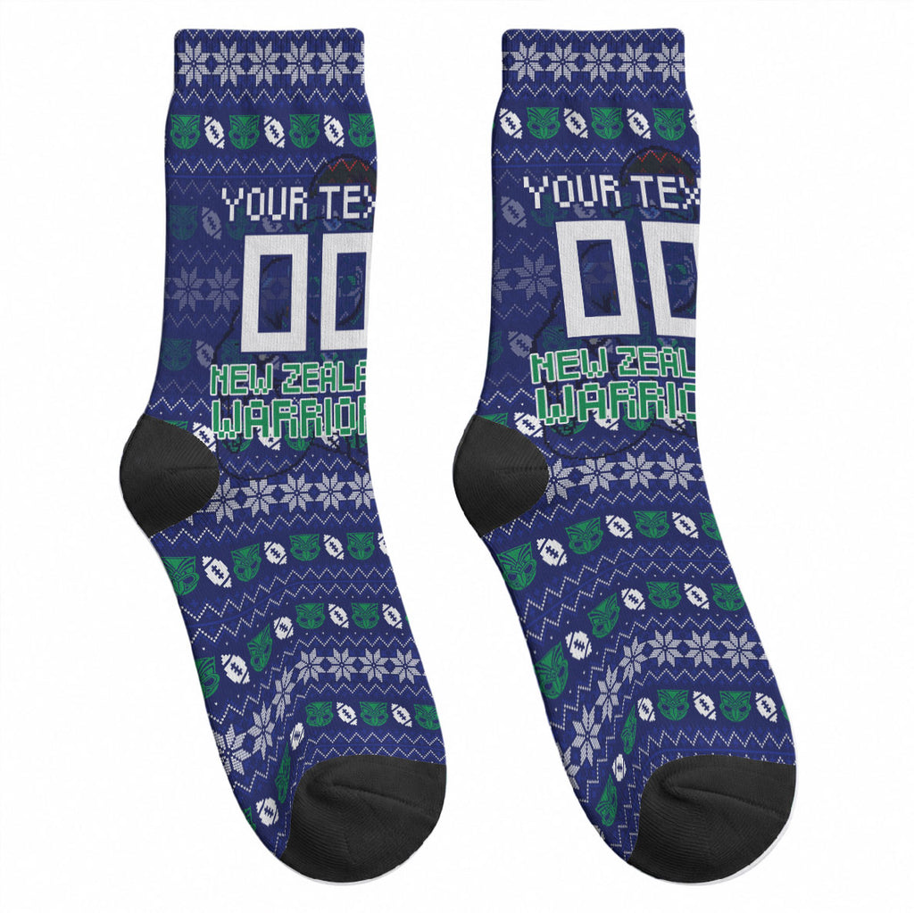 Personalized New Zealand Warriors Christmas Crew Socks Maori Rugby Fans - Pixelated Ugly Xmas Pattern Mascot Santa