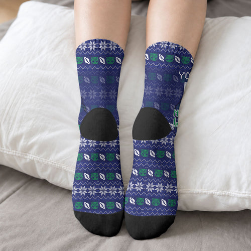 Personalized New Zealand Warriors Christmas Crew Socks Maori Rugby Fans - Pixelated Ugly Xmas Pattern Mascot Santa