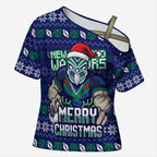 Personalized New Zealand Warriors Christmas Cross Shoulder Shirt Maori Rugby Fans - Pixelated Ugly Xmas Pattern Mascot Santa