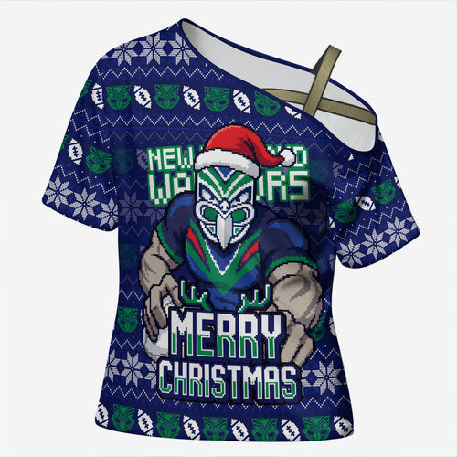 Personalized New Zealand Warriors Christmas Cross Shoulder Shirt Maori Rugby Fans - Pixelated Ugly Xmas Pattern Mascot Santa
