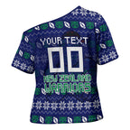 Personalized New Zealand Warriors Christmas Cross Shoulder Shirt Maori Rugby Fans - Pixelated Ugly Xmas Pattern Mascot Santa