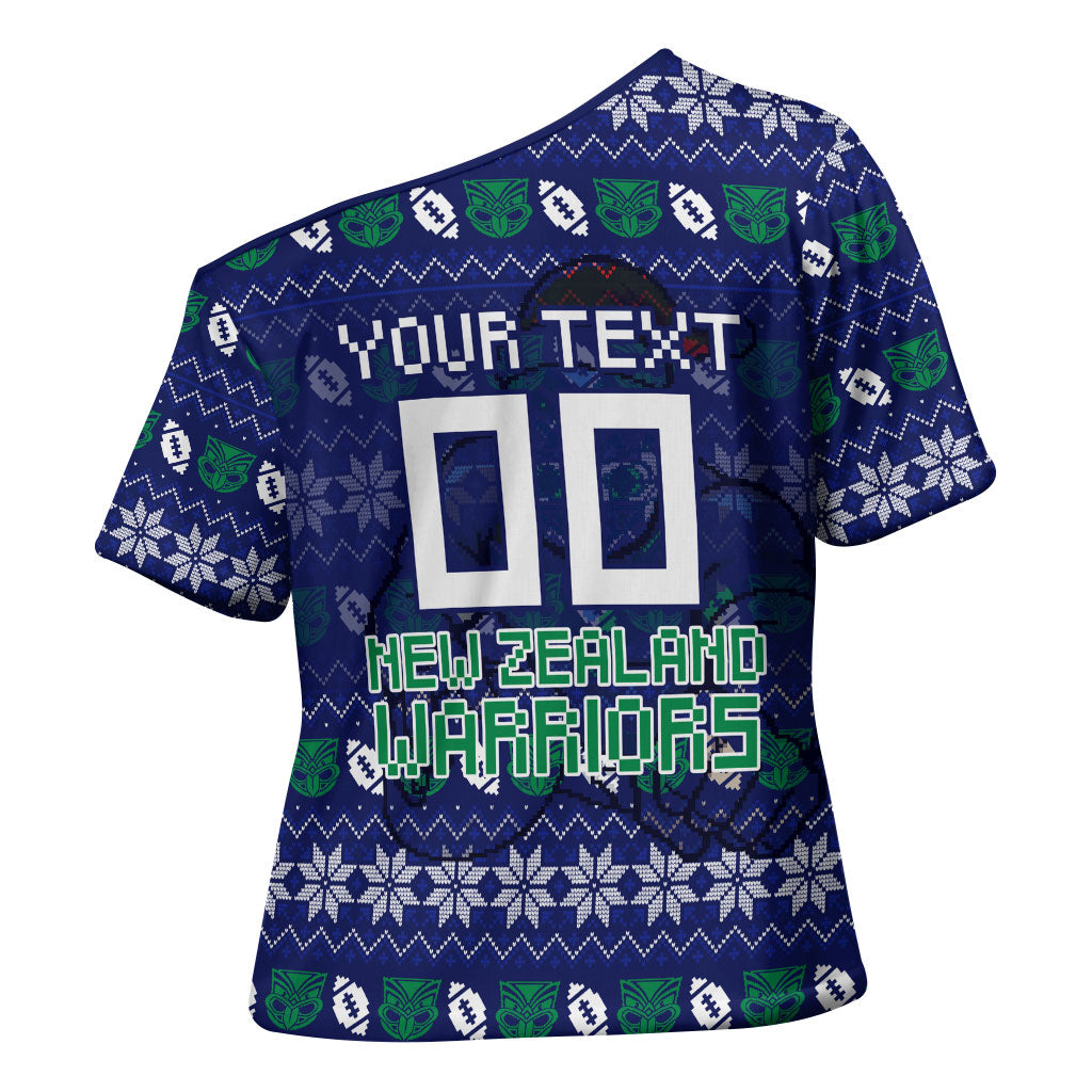 Personalized New Zealand Warriors Christmas Cross Shoulder Shirt Maori Rugby Fans - Pixelated Ugly Xmas Pattern Mascot Santa