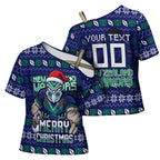 Personalized New Zealand Warriors Christmas Cross Shoulder Shirt Maori Rugby Fans - Pixelated Ugly Xmas Pattern Mascot Santa