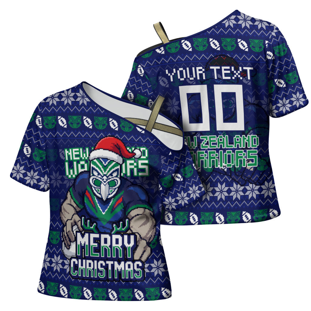 Personalized New Zealand Warriors Christmas Cross Shoulder Shirt Maori Rugby Fans - Pixelated Ugly Xmas Pattern Mascot Santa