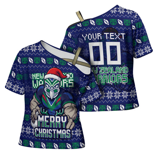 Personalized New Zealand Warriors Christmas Cross Shoulder Shirt Maori Rugby Fans - Pixelated Ugly Xmas Pattern Mascot Santa