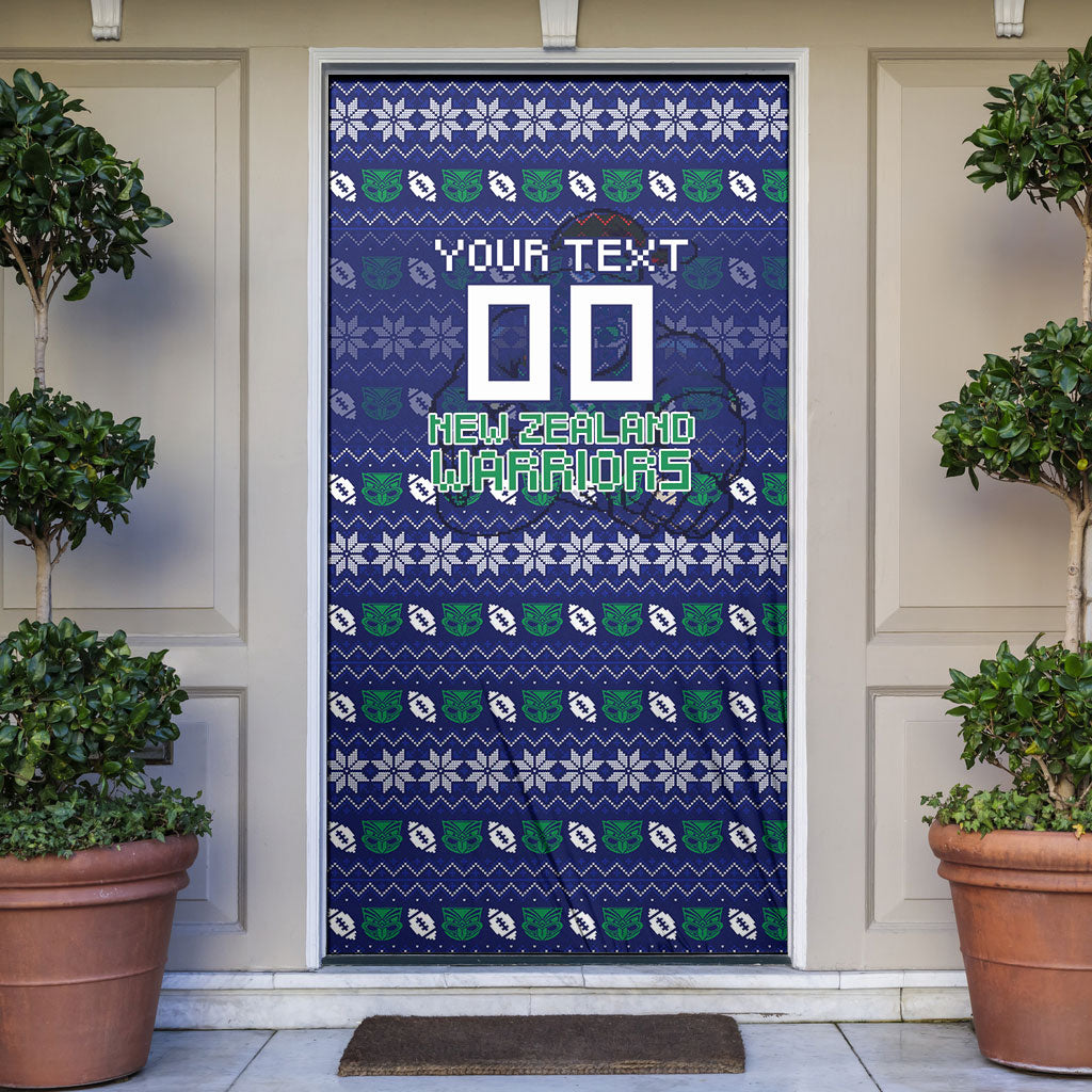 Personalized New Zealand Warriors Christmas Door Cover Maori Rugby Fans - Pixelated Ugly Xmas Pattern Mascot Santa