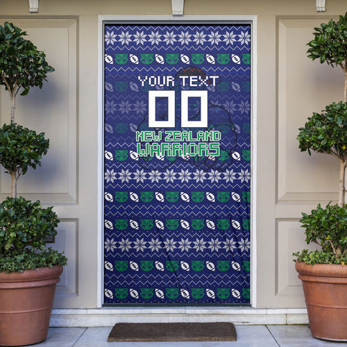 Personalized New Zealand Warriors Christmas Door Cover Maori Rugby Fans - Pixelated Ugly Xmas Pattern Mascot Santa