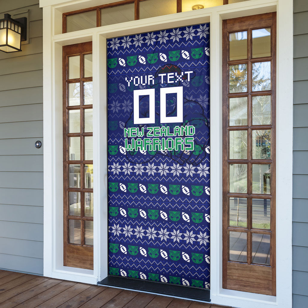 Personalized New Zealand Warriors Christmas Door Cover Maori Rugby Fans - Pixelated Ugly Xmas Pattern Mascot Santa