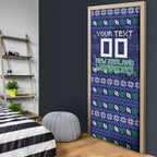 Personalized New Zealand Warriors Christmas Door Cover Maori Rugby Fans - Pixelated Ugly Xmas Pattern Mascot Santa