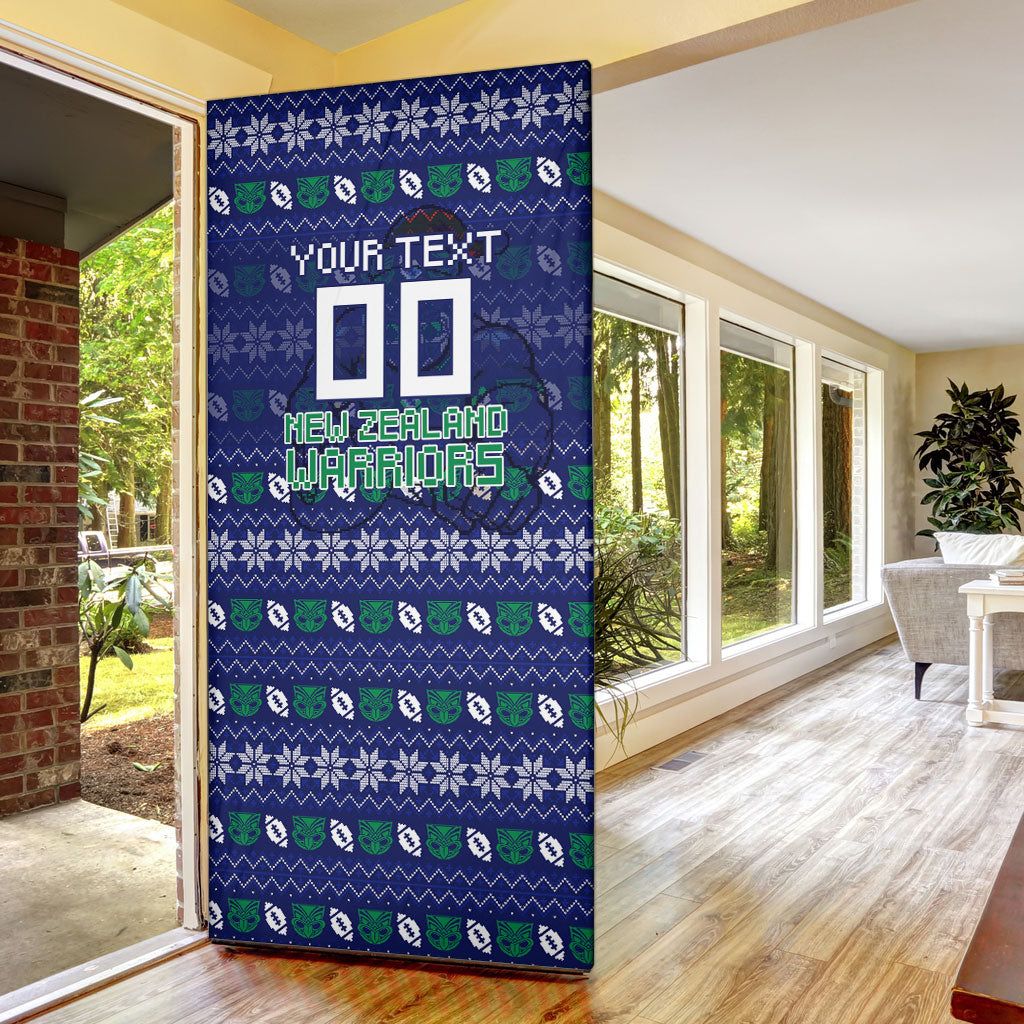 Personalized New Zealand Warriors Christmas Door Cover Maori Rugby Fans - Pixelated Ugly Xmas Pattern Mascot Santa