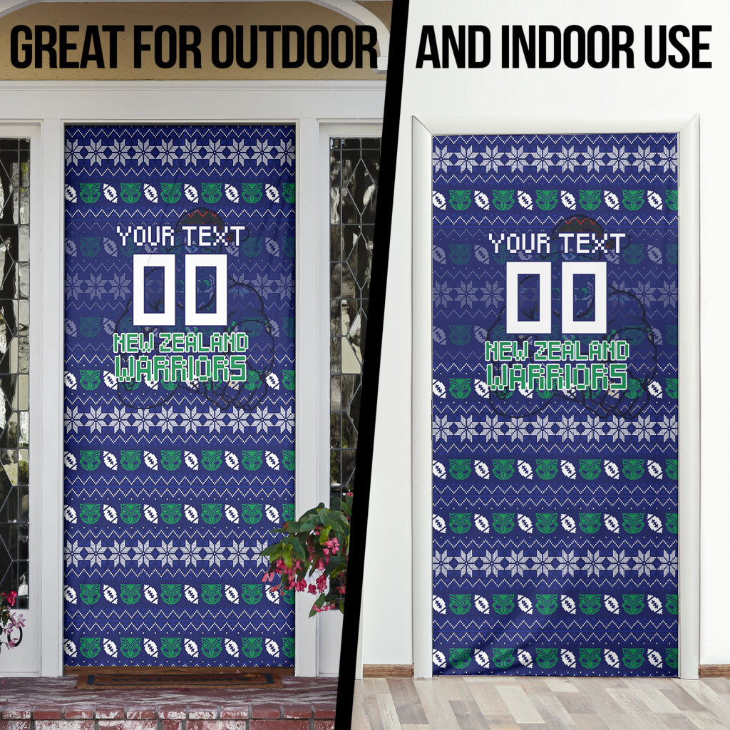Personalized New Zealand Warriors Christmas Door Cover Maori Rugby Fans - Pixelated Ugly Xmas Pattern Mascot Santa
