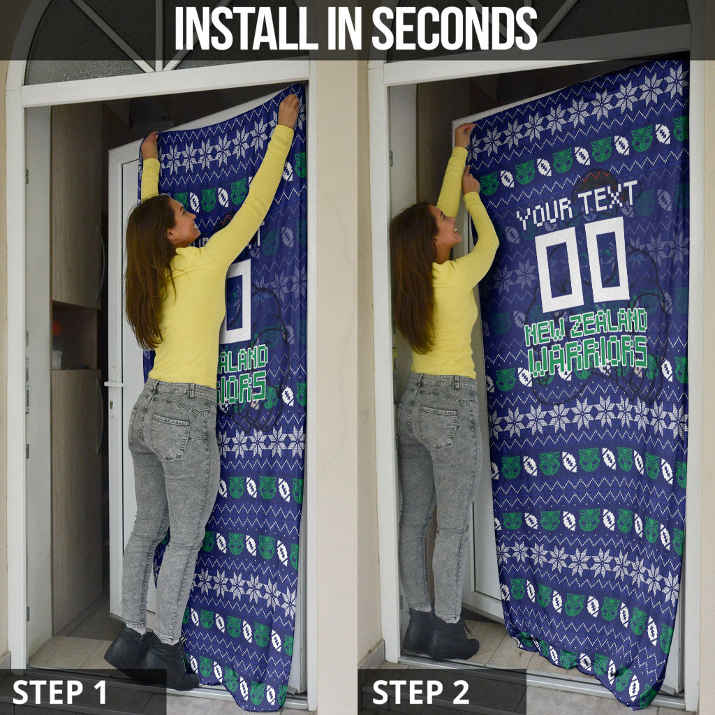 Personalized New Zealand Warriors Christmas Door Cover Maori Rugby Fans - Pixelated Ugly Xmas Pattern Mascot Santa