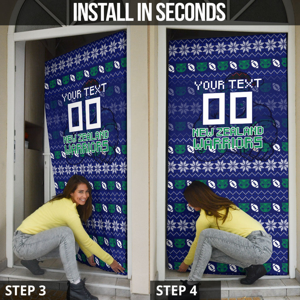 Personalized New Zealand Warriors Christmas Door Cover Maori Rugby Fans - Pixelated Ugly Xmas Pattern Mascot Santa