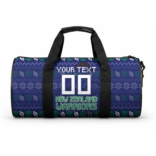 Personalized New Zealand Warriors Christmas Duffle Bag Maori Rugby Fans - Pixelated Ugly Xmas Pattern Mascot Santa