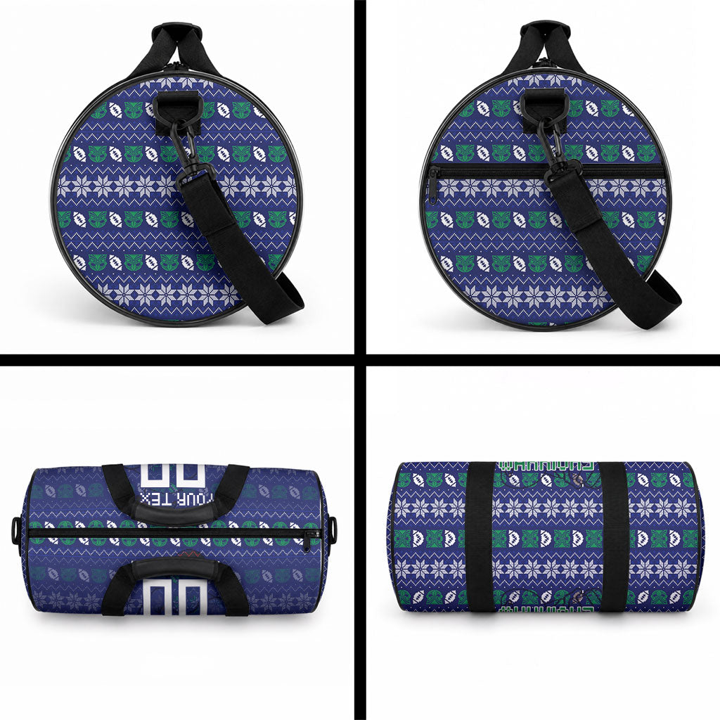 Personalized New Zealand Warriors Christmas Duffle Bag Maori Rugby Fans - Pixelated Ugly Xmas Pattern Mascot Santa