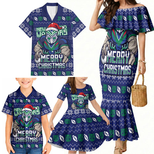 Personalized New Zealand Warriors Christmas Family Matching Mermaid Dress and Hawaiian Shirt Maori Rugby Fans - Pixelated Ugly Xmas Pattern Mascot Santa