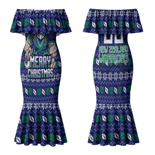 Personalized New Zealand Warriors Christmas Family Matching Mermaid Dress and Hawaiian Shirt Maori Rugby Fans - Pixelated Ugly Xmas Pattern Mascot Santa