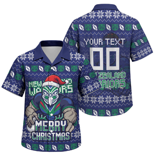 Personalized New Zealand Warriors Christmas Family Matching Mermaid Dress and Hawaiian Shirt Maori Rugby Fans - Pixelated Ugly Xmas Pattern Mascot Santa