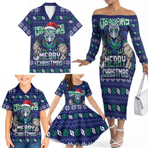 Personalized New Zealand Warriors Christmas Family Matching Off The Shoulder Long Sleeve Dress and Hawaiian Shirt Maori Rugby Fans - Pixelated Ugly Xmas Pattern Mascot Santa