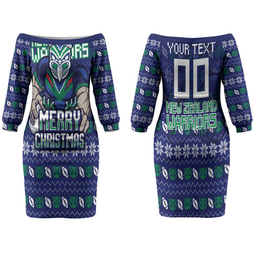 Personalized New Zealand Warriors Christmas Family Matching Off The Shoulder Long Sleeve Dress and Hawaiian Shirt Maori Rugby Fans - Pixelated Ugly Xmas Pattern Mascot Santa