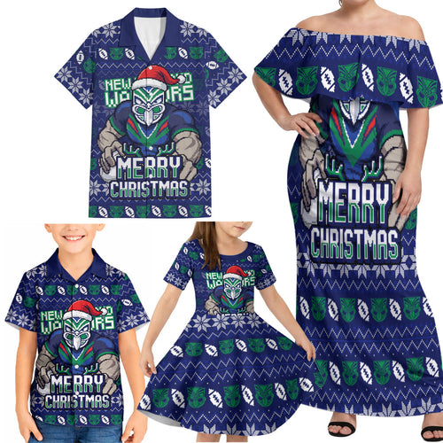 Personalized New Zealand Warriors Christmas Family Matching Off Shoulder Maxi Dress and Hawaiian Shirt Maori Rugby Fans - Pixelated Ugly Xmas Pattern Mascot Santa