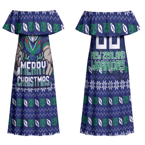 Personalized New Zealand Warriors Christmas Family Matching Off Shoulder Maxi Dress and Hawaiian Shirt Maori Rugby Fans - Pixelated Ugly Xmas Pattern Mascot Santa