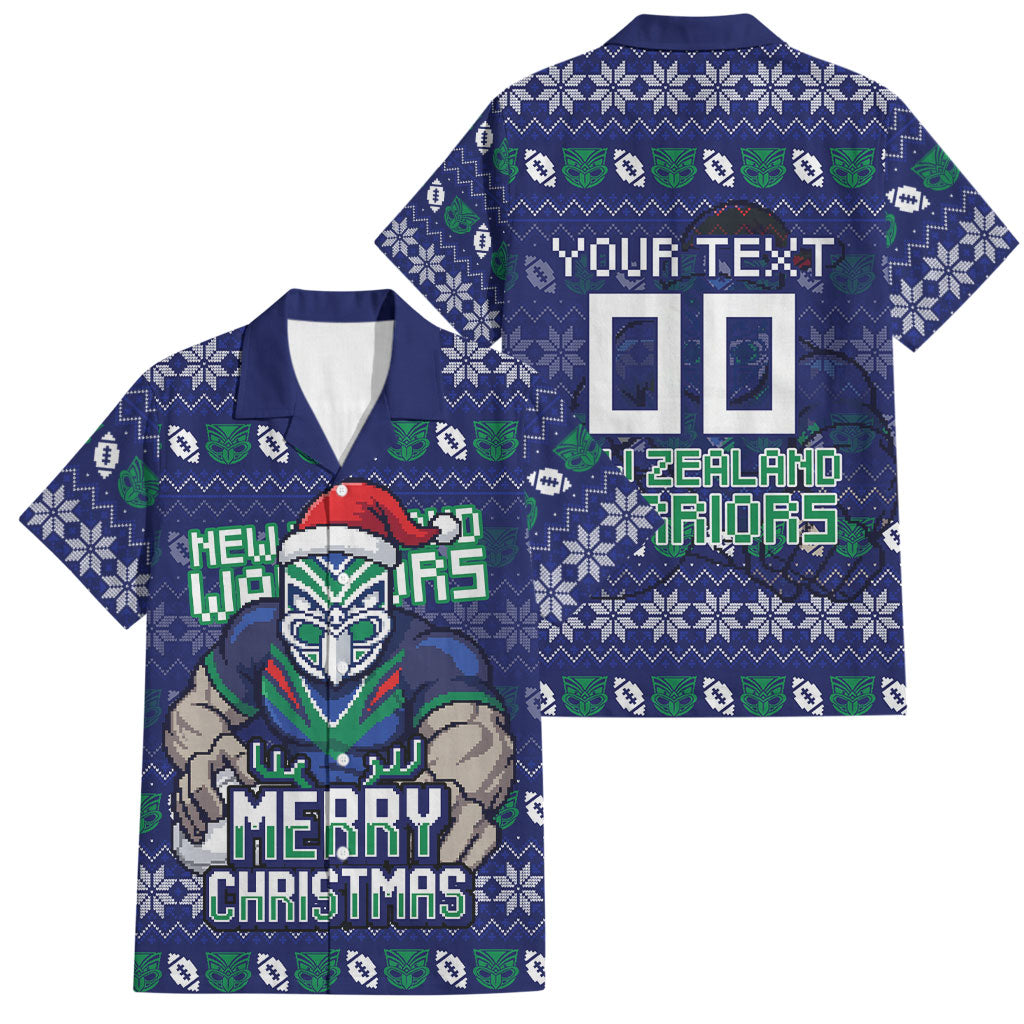 Personalized New Zealand Warriors Christmas Family Matching Off Shoulder Maxi Dress and Hawaiian Shirt Maori Rugby Fans - Pixelated Ugly Xmas Pattern Mascot Santa