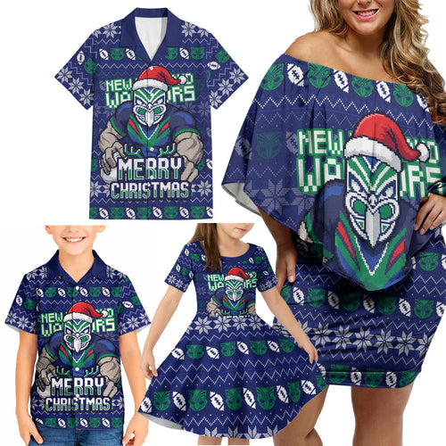 Personalized New Zealand Warriors Christmas Family Matching Off Shoulder Short Dress and Hawaiian Shirt Maori Rugby Fans - Pixelated Ugly Xmas Pattern Mascot Santa