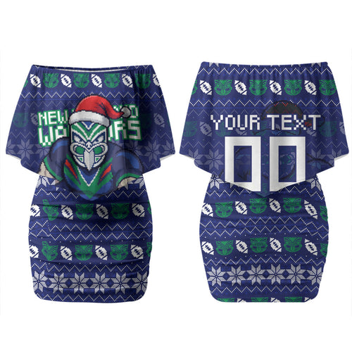 Personalized New Zealand Warriors Christmas Family Matching Off Shoulder Short Dress and Hawaiian Shirt Maori Rugby Fans - Pixelated Ugly Xmas Pattern Mascot Santa
