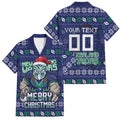 Personalized New Zealand Warriors Christmas Family Matching Off Shoulder Short Dress and Hawaiian Shirt Maori Rugby Fans - Pixelated Ugly Xmas Pattern Mascot Santa