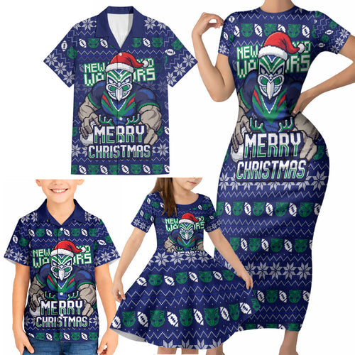 Personalized New Zealand Warriors Christmas Family Matching Short Sleeve Bodycon Dress and Hawaiian Shirt Maori Rugby Fans - Pixelated Ugly Xmas Pattern Mascot Santa